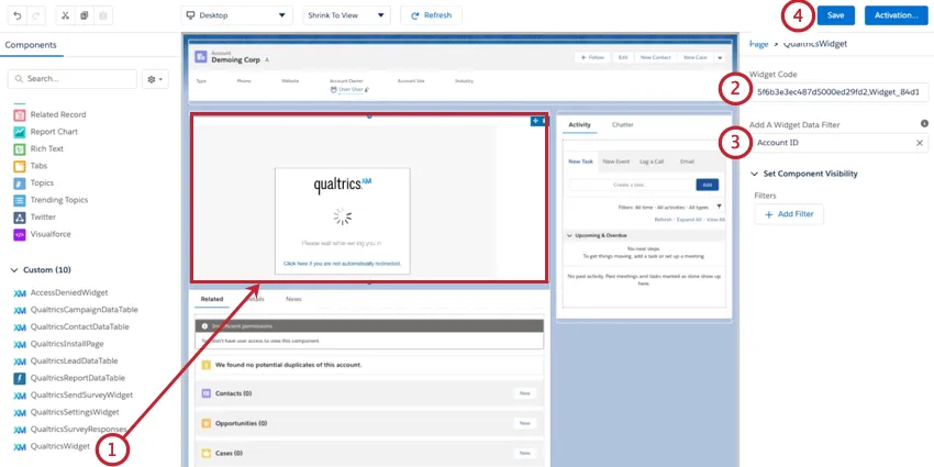 adding the widget to the page and entering the widget code before saving