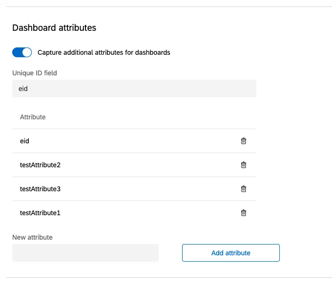 Configurações de atributos Dashboard - você pode digitar um nome e clicar no botão Add Atributo (Adicionar atributo ) para adicioná-lo à lista. Há um campo especial para a ID exclusiva