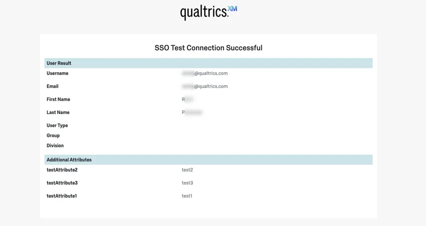 A página mostra que o teste de SSO foi bem-sucedido e lista todos os campos extraídos