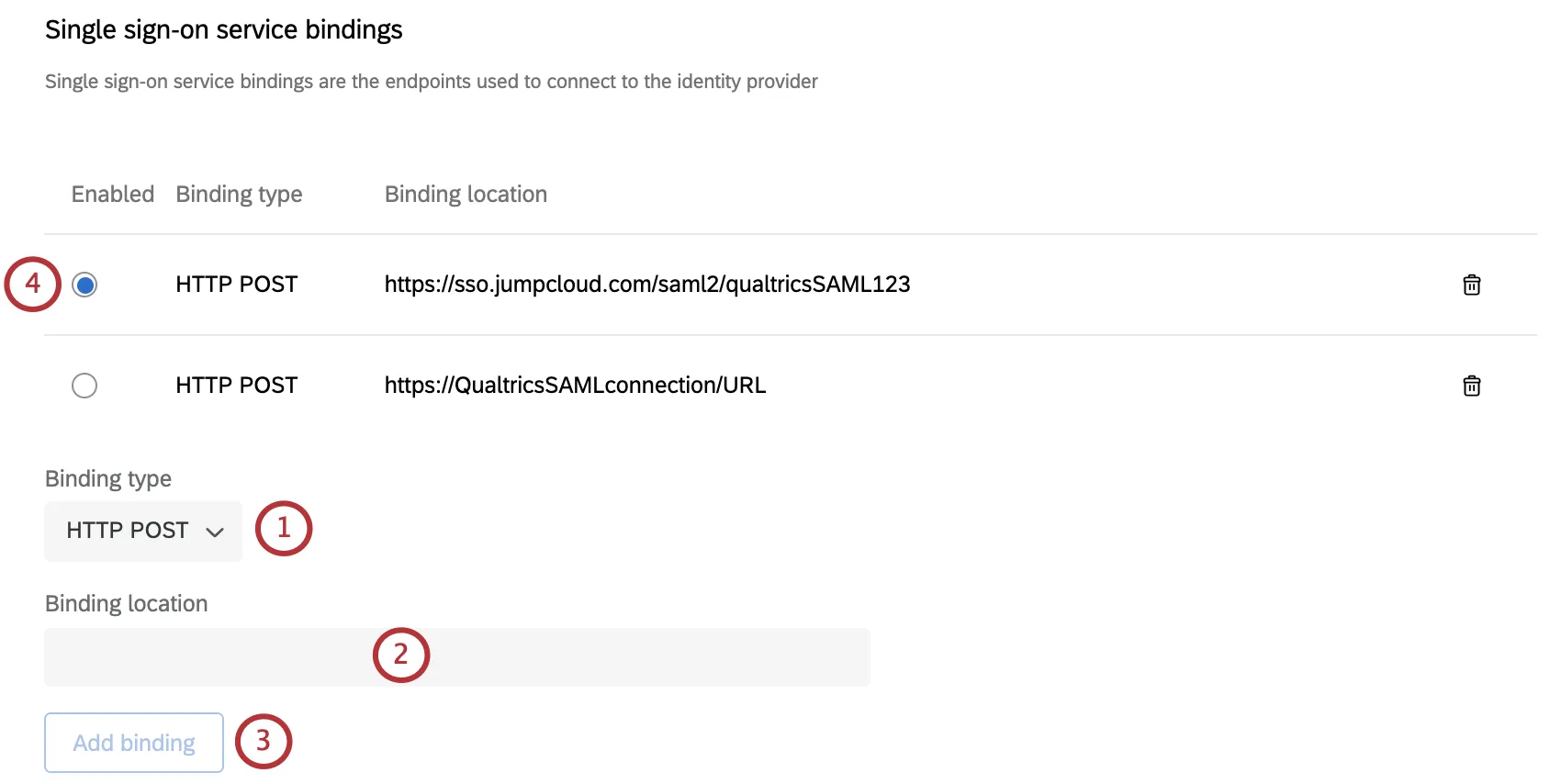 Single sign-on service bindings options, as described below