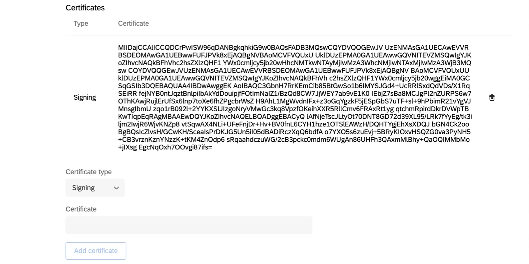 Certificates section - signing appears as a block of text with random letters and characters