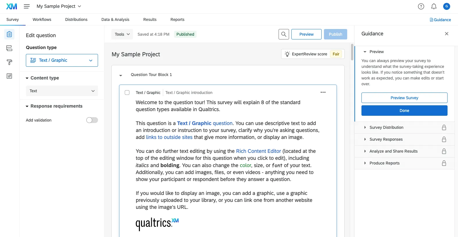 Image of the survey editor with a complete survey inside, including an introductory paragraph