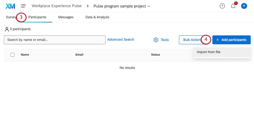 Participants tab of pulse project with add participants button clicked, showing the import from file option