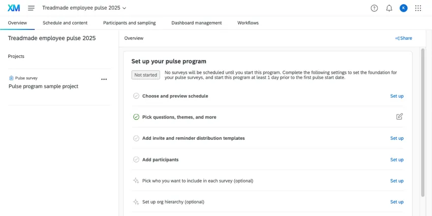 Overview tab with test pulse survey generated to the left