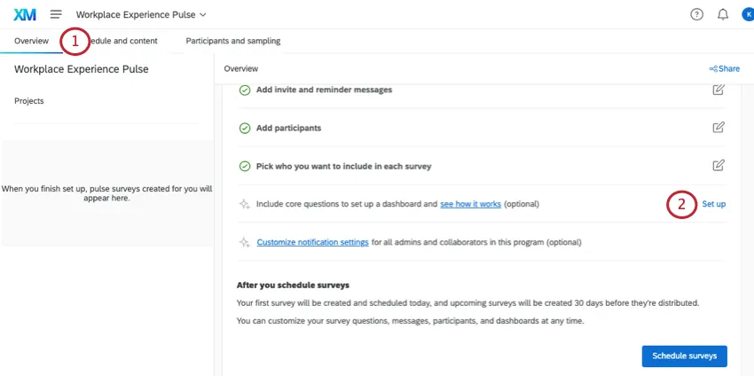 Pestaña Descripción general, luego enlace que dice Incluir preguntas centrales para configurar un Tablero y ver cómo funciona (opcional)