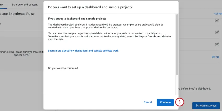 Nova janela denominada você deseja configurar um dashboard e um projeto amostra?