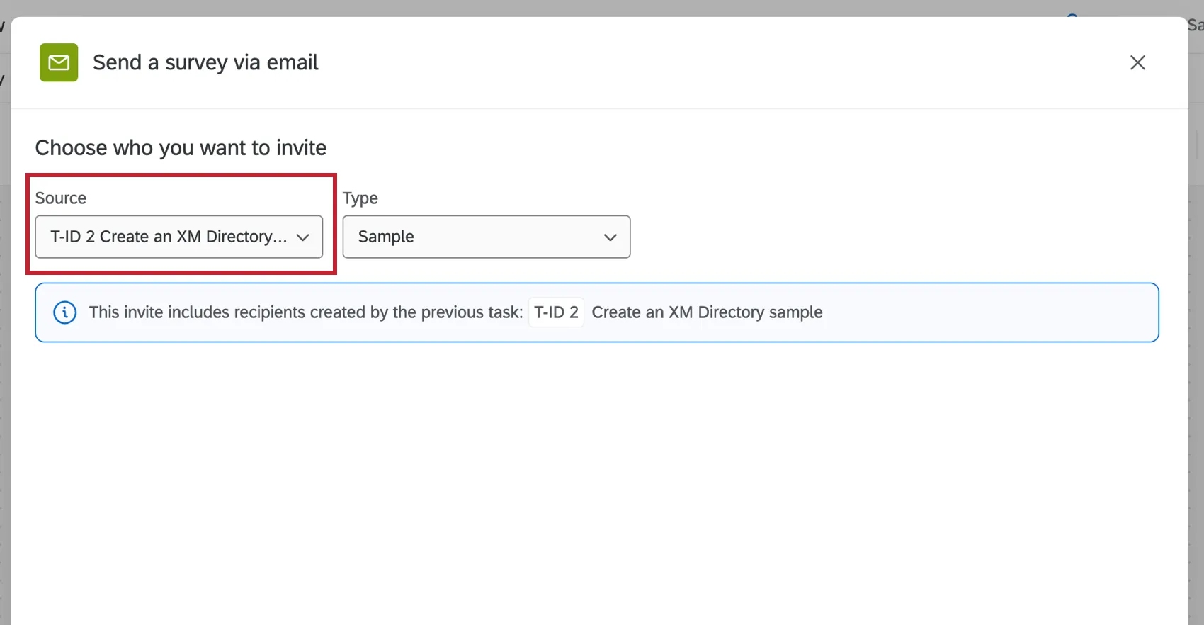 in a "send survey via email task" choosing the sample task set up earlier as the source