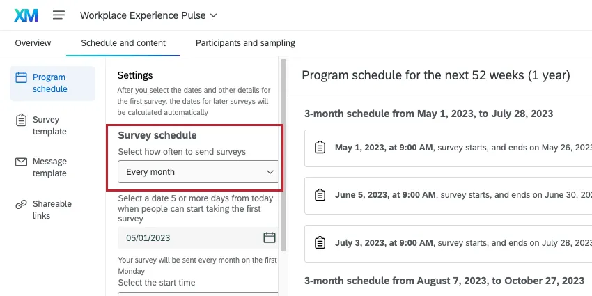 Programação do programa com a programação pesquisa definida para todos os meses