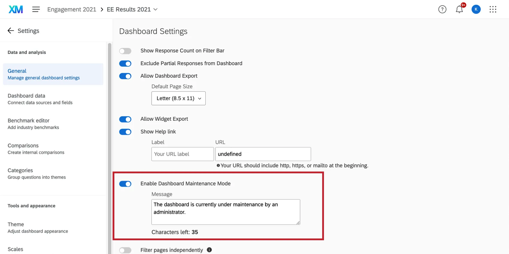 general page of dashboard settings in an engagement dashboard. setting highlgihted is named enable dashboard maintenance mode and has a field where you can put a maintenance message