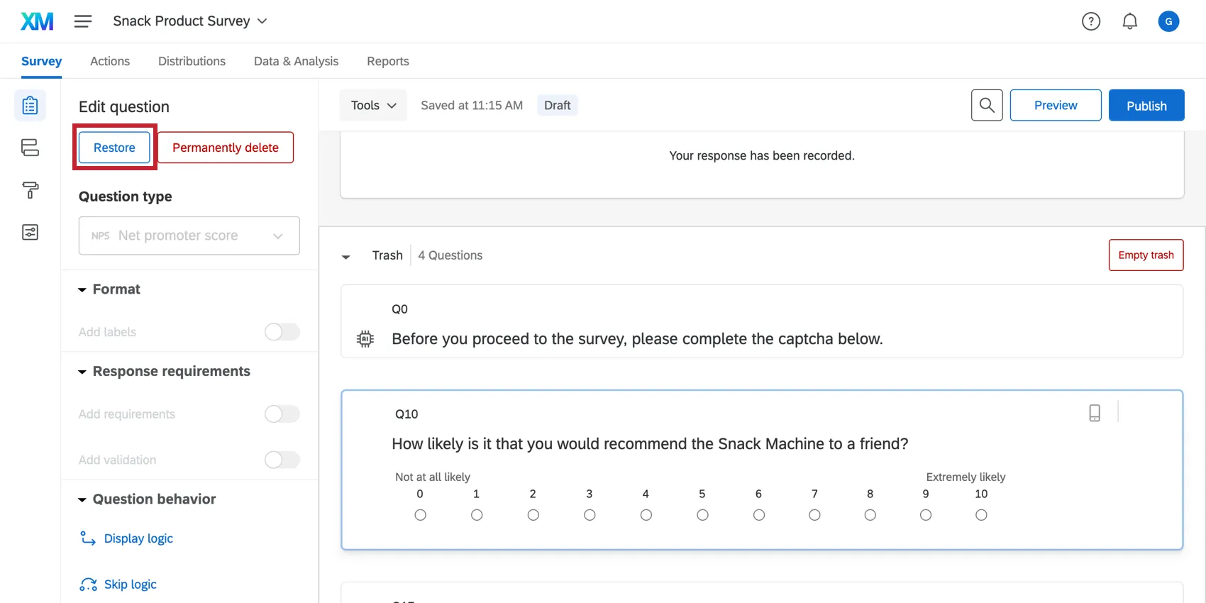 Restoring a question from the trash by using the Edit question menu on the left side