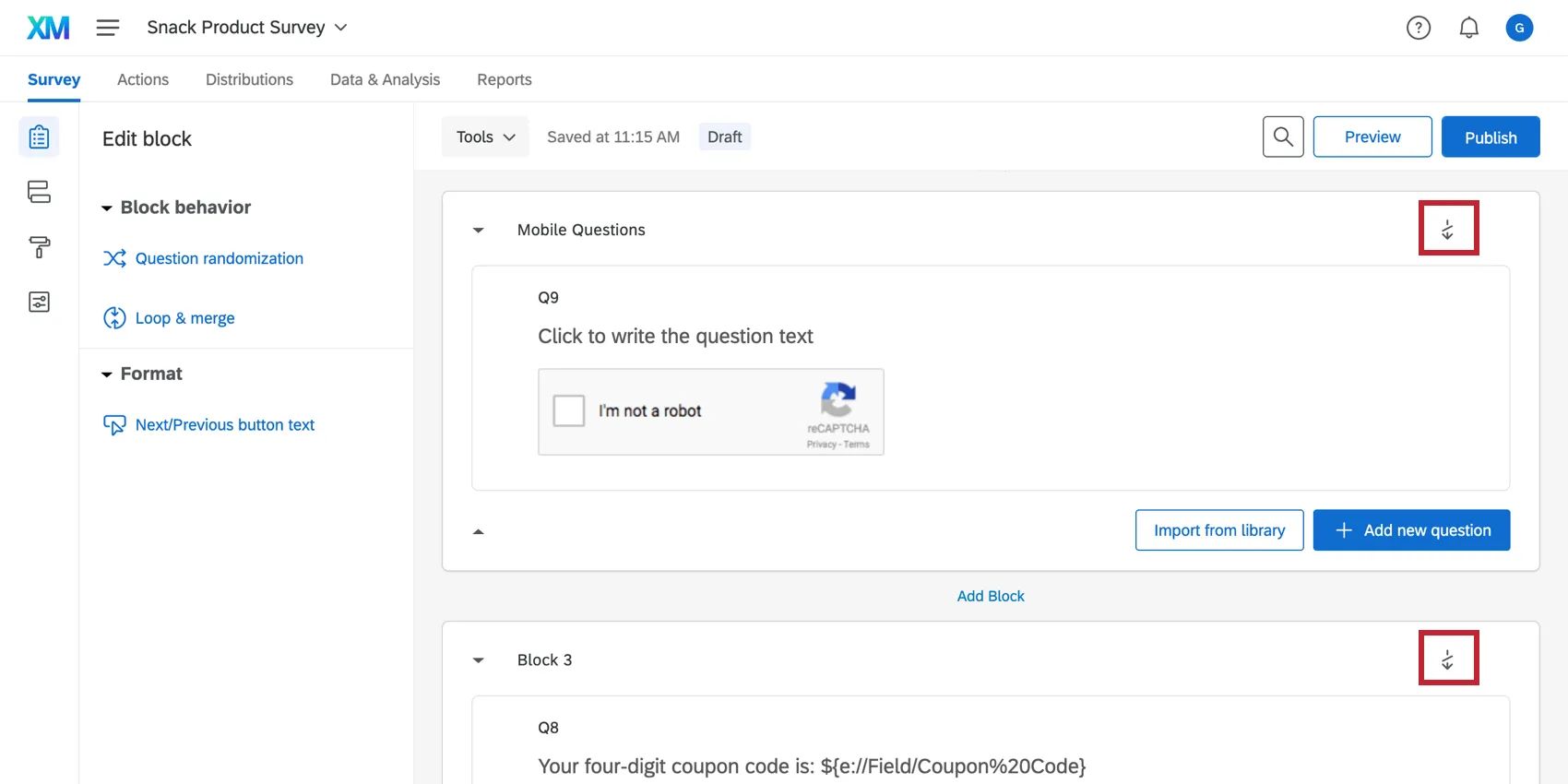 Not In Survey Flow icon is indicated in the right corner of the blocks