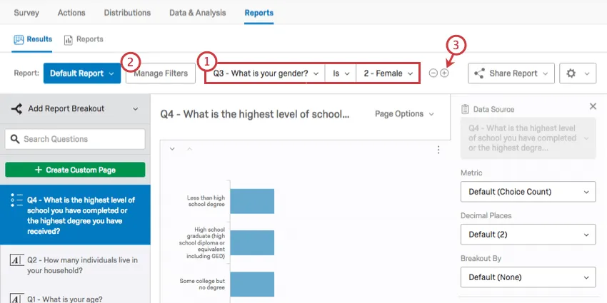 Filtros na parte superior dos resultados, o botão Gerenciar filtros à esquerda deles, mais e menos à direita
