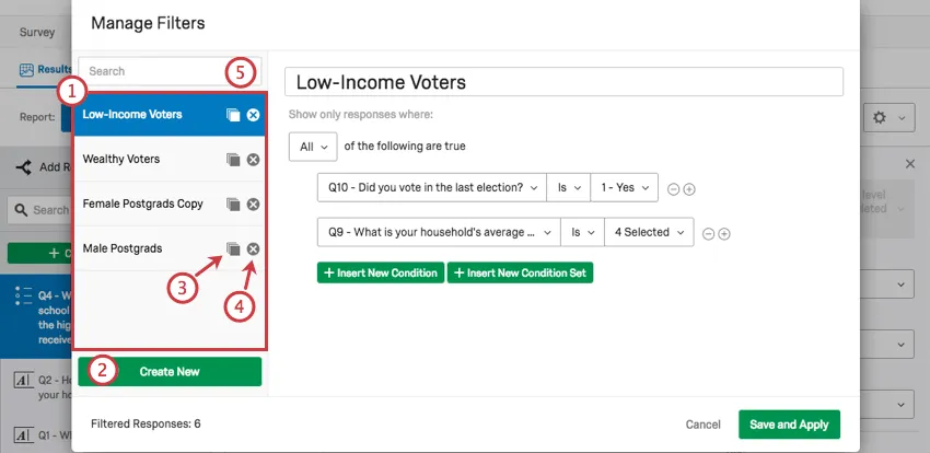 une fenêtre de gestion des filtres avec un menu à gauche où vous sélectionnez les filtres que vous avez créés pour les éditer