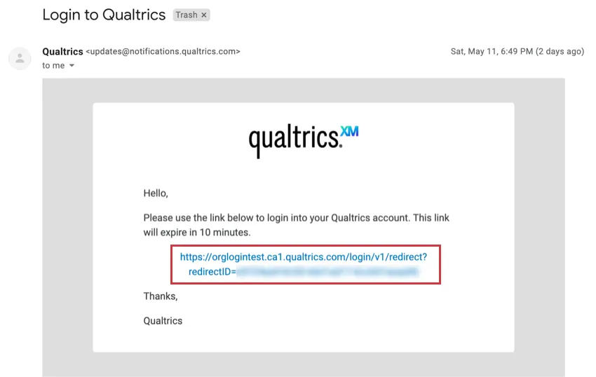 Correo electrónico de Qualtrics llamado Iniciar sesión en Qualtrics