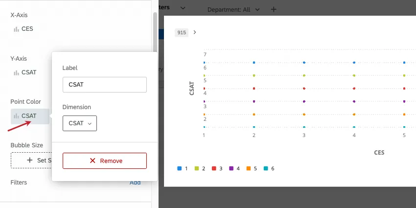Opções de rótulo e dimensão no menu Point Color