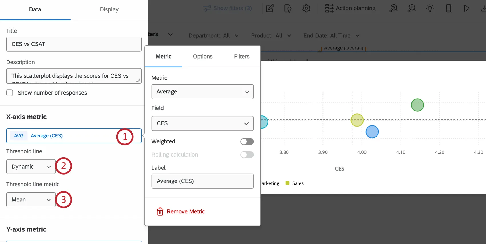 scatter plot with editing pane opened to left