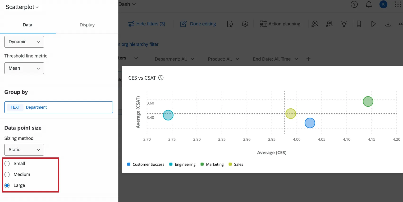 static bubble sizing settings in the editing pane of a scatter plot widget