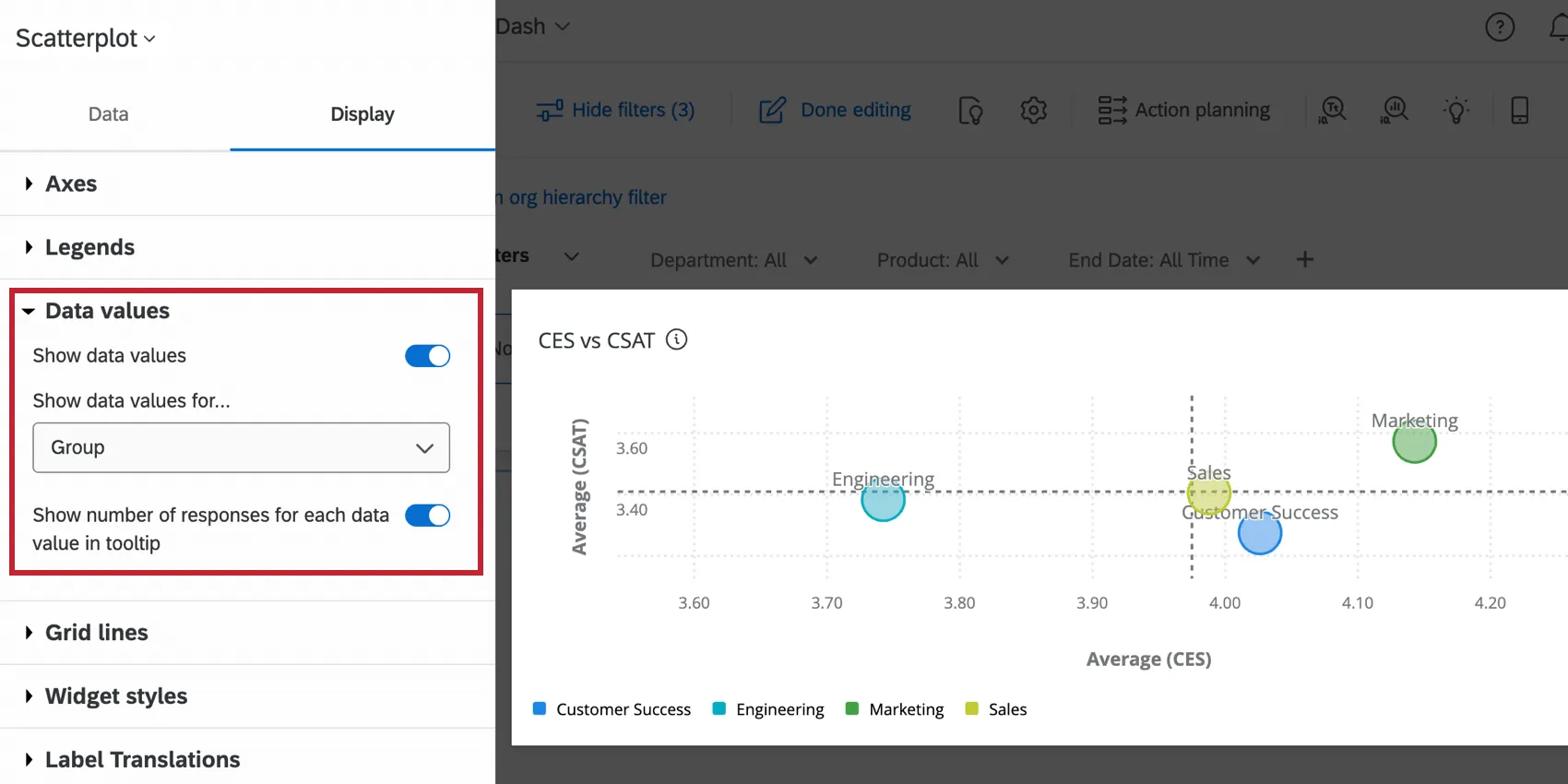data values settings in the editing pane of a scatter plot widget