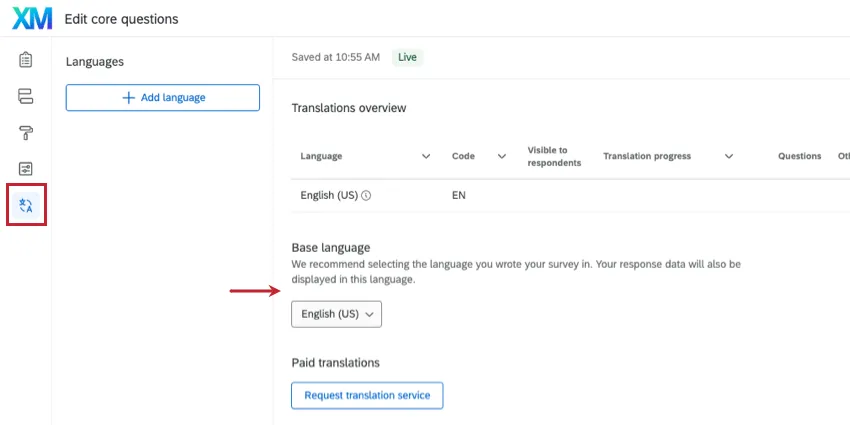Langue par défaut dans la section des traductions