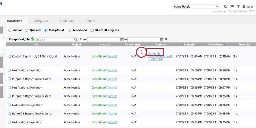 Clicking Schedule next to a custom data export