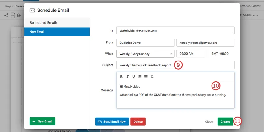 Composing subject and message. Bottom right green create button