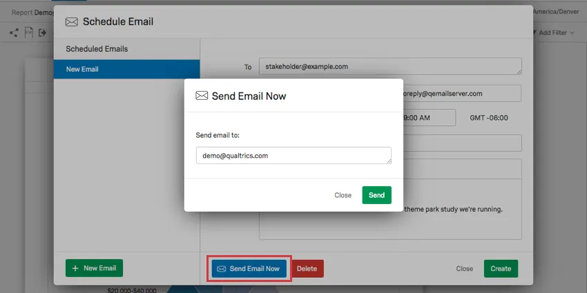 Botão azul Enviar e-mail agora destacado em segundo plano, janela para inserir e-mails aberta na parte superior