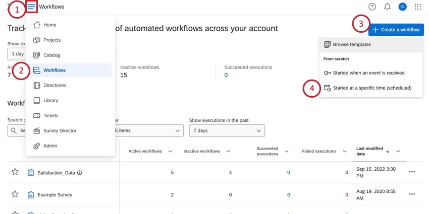 Klicken Sie auf der Seite „Workflows“ auf Workflows erstellen und dann zu einem bestimmten Zeitpunkt gestartet.