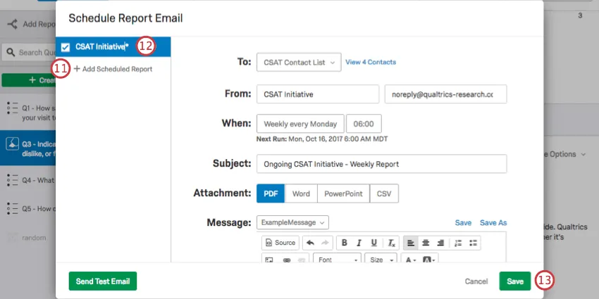 schedule report email window allows editing of previously saved emails by selecting them on the left