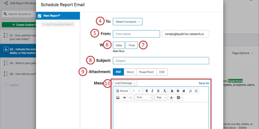 janela de e-mail do relatório de programação