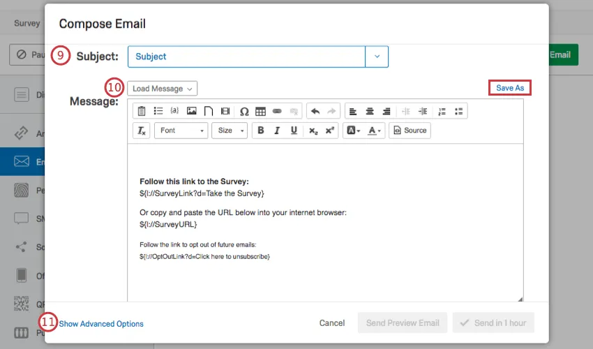 Subject Line, Load Message dropdown, Save As option, and Show Advanced Options