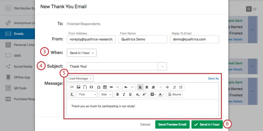 Programmazione della finestra delle e-mail di ringraziamento