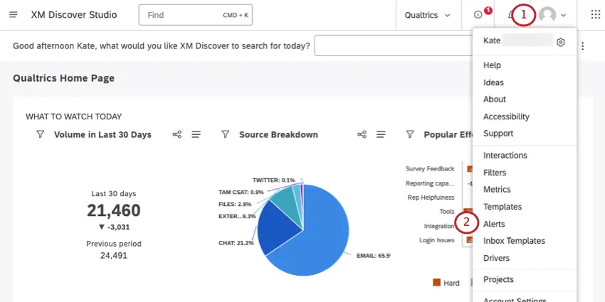 haciendo clic en el icono de perfil en la parte superior derecha y seleccionando alertas