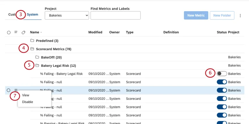 System tab of metrics page open and toggle turned off and on for each one listed
