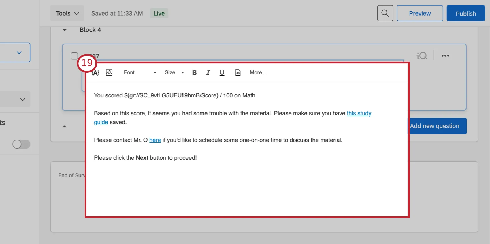 Editor per contenuti avanzati con messaggio interno
