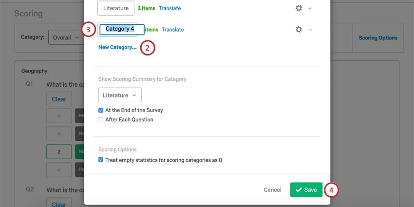 Adding scoring categories in the new window that opens over the scoring editor