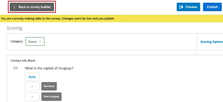 Botão cinza de volta ao gerador de pesquisas no canto superior esquerdo