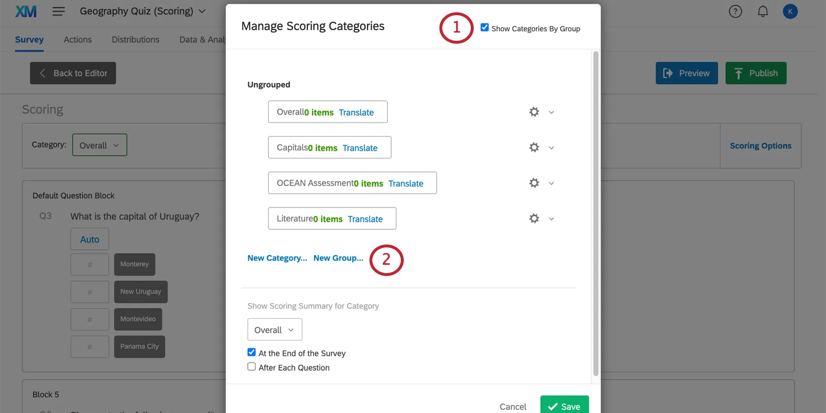 Show Categories by Group is selected in upper-rightmost corner of manage scoring categories window