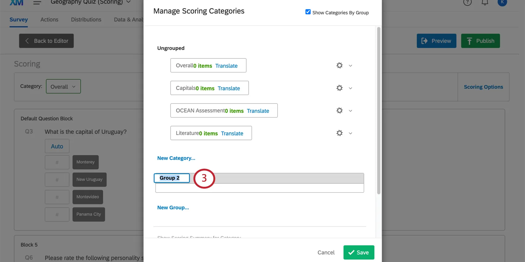 Along the bottom, creating scoring category groups