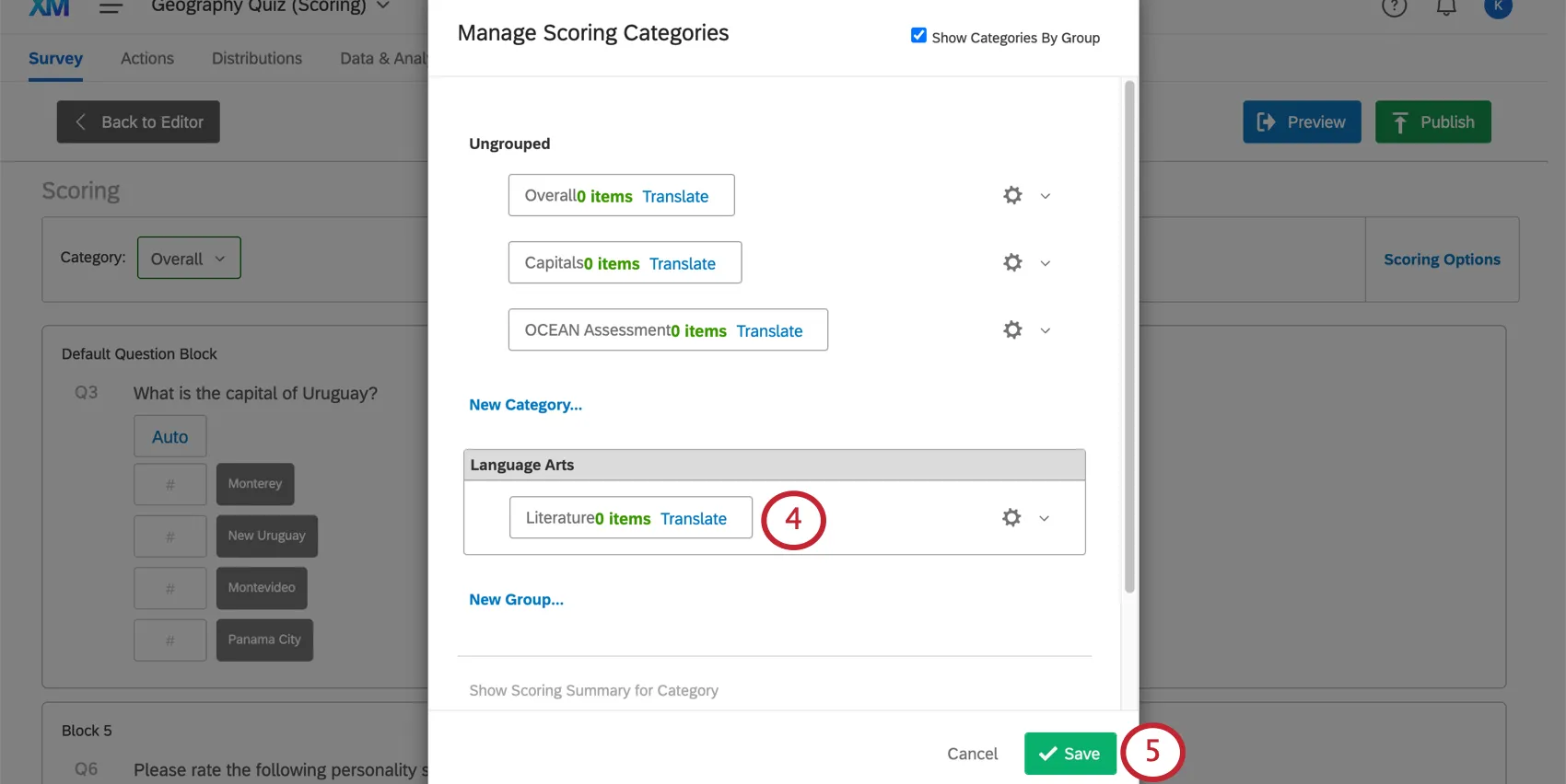 Dragging scoring categories into the groups along the bottom