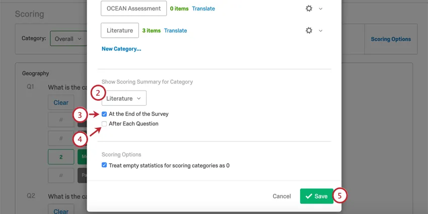 Scrolling to bottom of scoring options window that opens, where it says "show scoring category summary," you can find the fields described in these steps