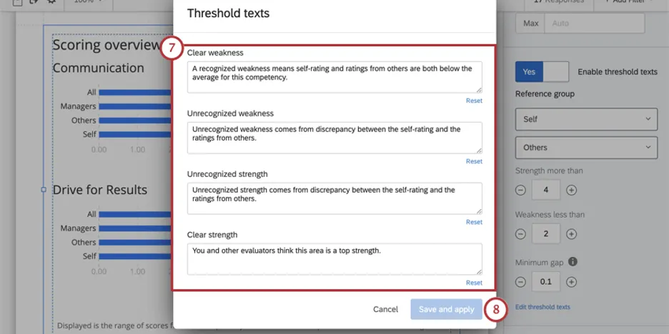 Threshold text window opens with fields for each of the listed criteria