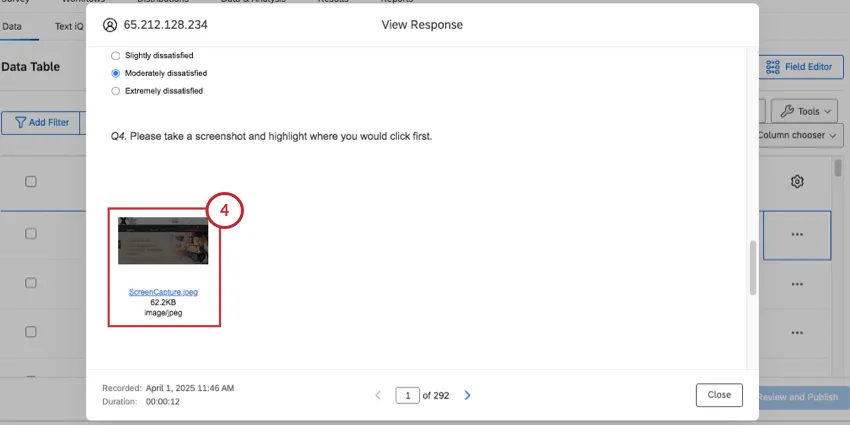 A response report with a thumbnail of the screenshot