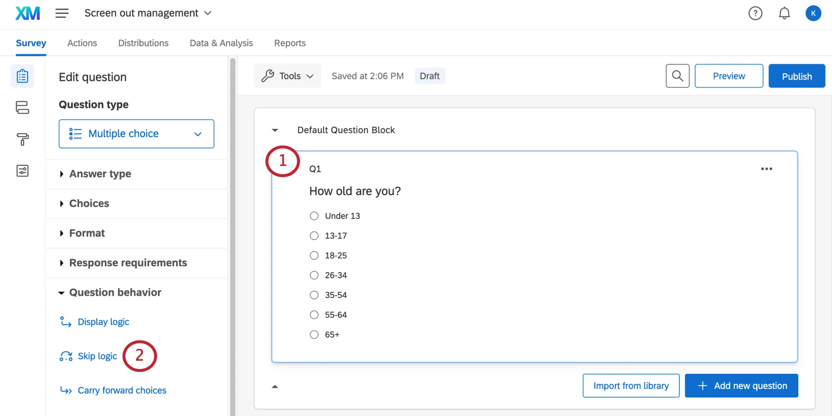 In the survey builder with an age screener question selected, setting skip logic along the left