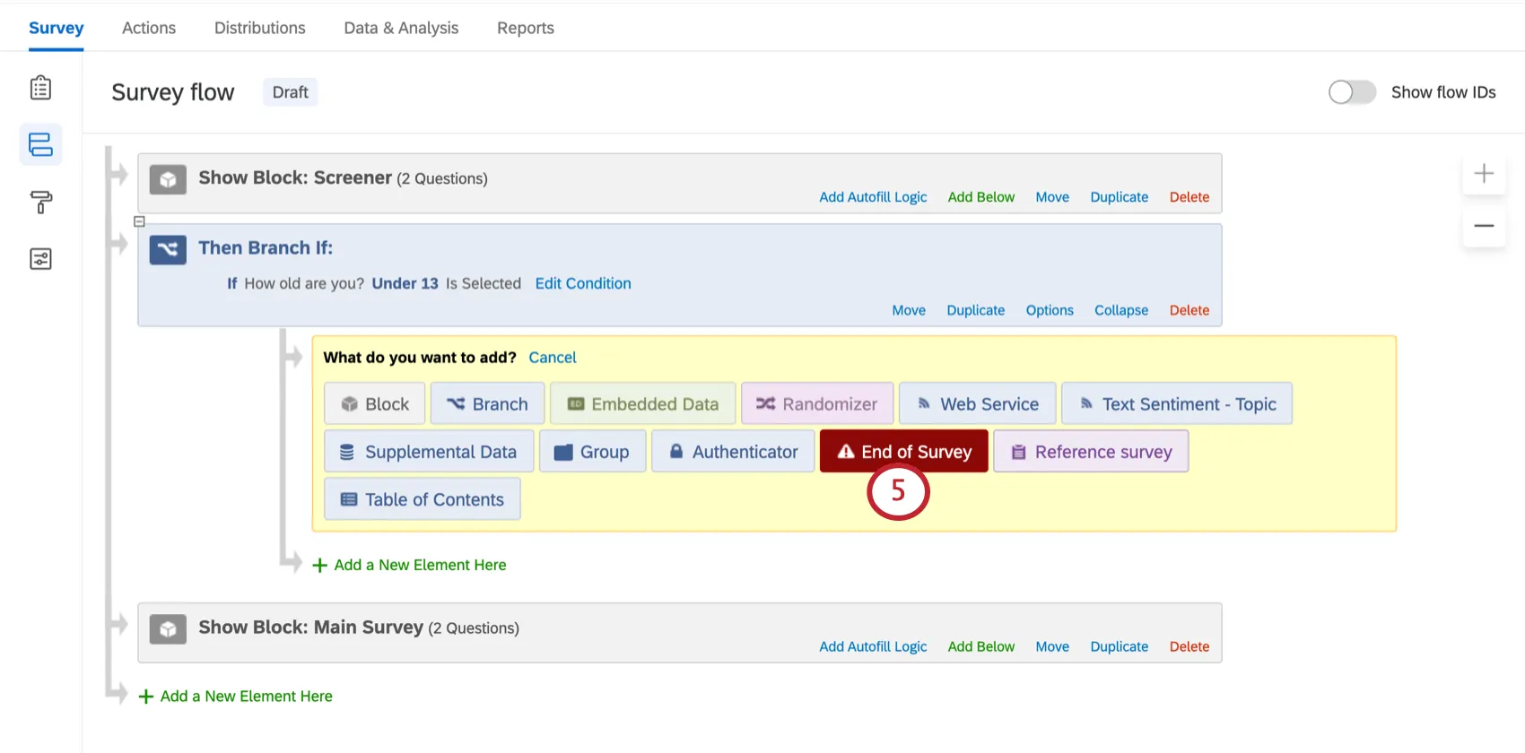 Electing to add an end of survey element under the branch