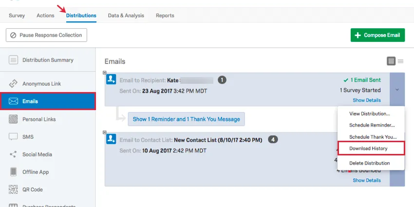 dropdown menu next to distribution gives download history option