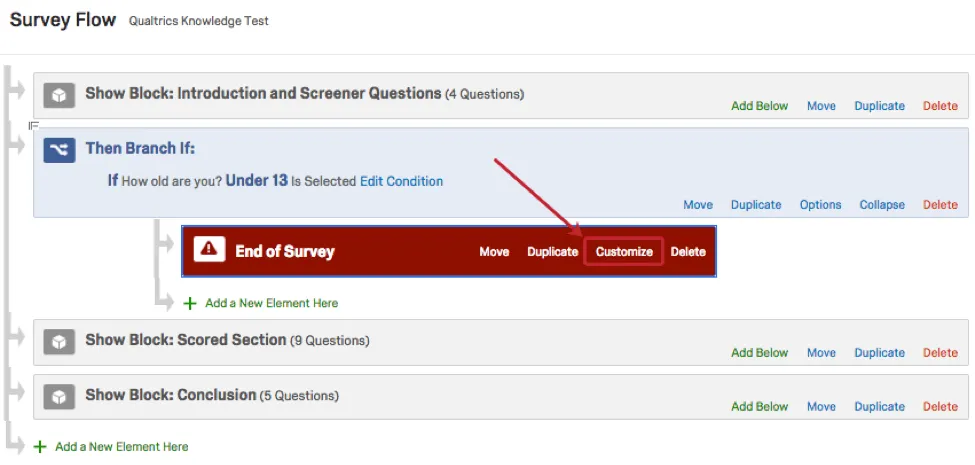 customize link on the end of survey element