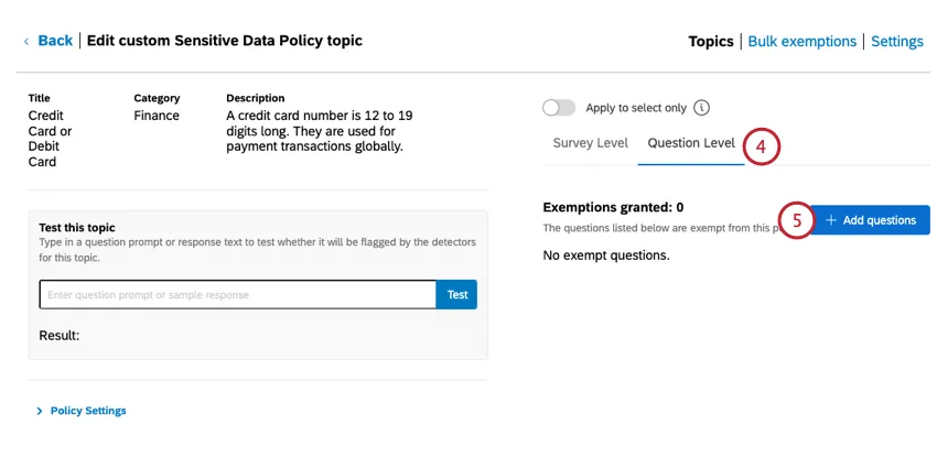 aller dans la section du niveau de la question et ajouter une exemption pour une question