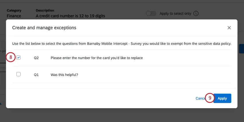 choosing the questions to ad exemptions for