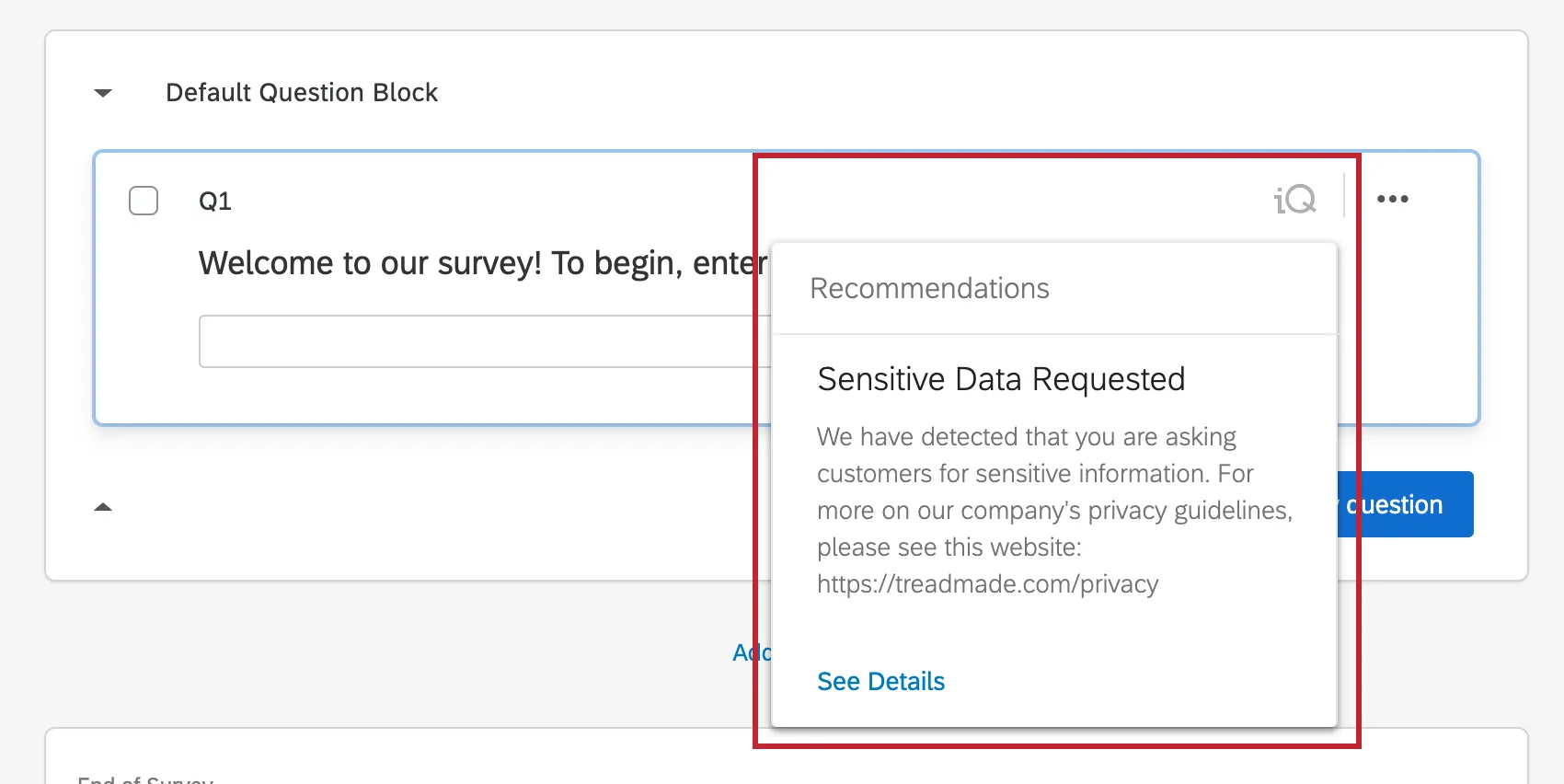 imagen que muestra la advertencia de datos confidenciales solicitados en el editor de encuesta
