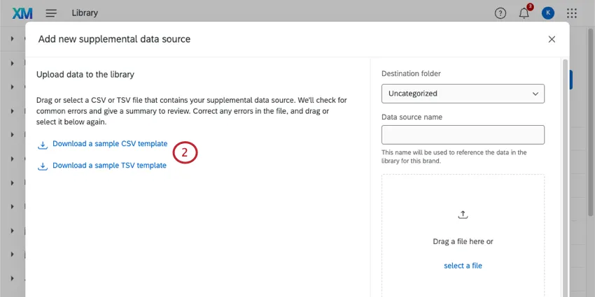 nuova finestra in cui è possibile scaricare file di esempio e caricare il proprio file completato
